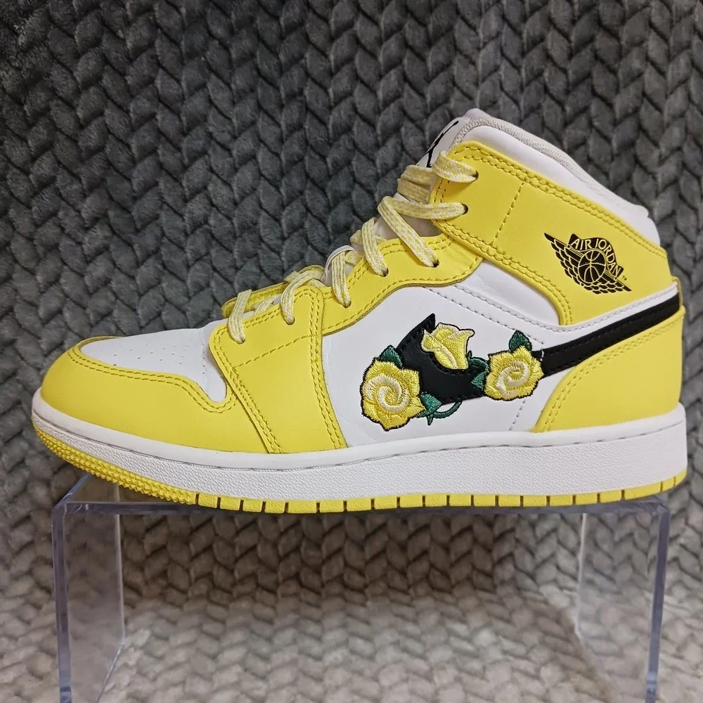 Air Jordan 1 Retro Mid SE GS Dynamic Yellow Floral Rose Patch Shoes Size 4.5Y